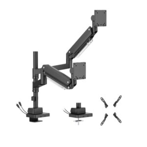 Brateck-LDT80-C024UCP-Brateck LDT80-C024UCP Matte Black Super Heavy-Duty Pole-Mounted Gas Spring Dual Monitor Arm with USB-A and USB-C Ports For most 24"-57" Monitors (LS)