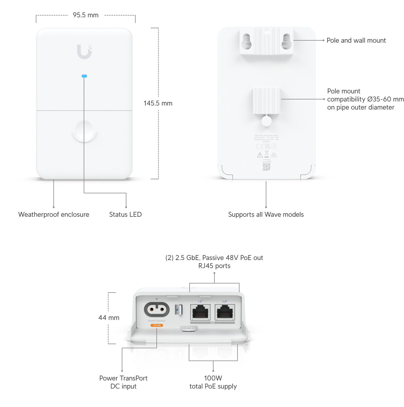 Ubiquiti | Ubiquiti UISP Dual-Power Injector, Versatile PoE Adapter, Delivers Up To 100W To Power Any Two Wave Models, Provides 2.5 GbE Connectivity. | UACC-Dual-Power-Injector - Image 1