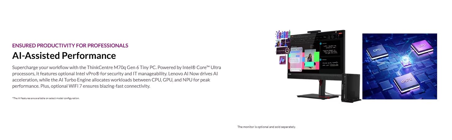 Lenovo | LENOVO ThinkCentre M70q G6 Tiny Desktop PC Intel U7-265T 32GB DDR5 1TB SSD Windows 11 Pro AI NOW 3YR OS Intel UHD GPU  Keyboard Mouse | 13A4000CAU - Image 1