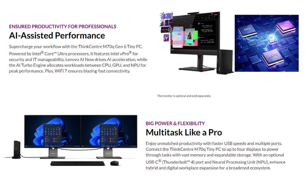 Lenovo | LENOVO ThinkCentre M70q G6 Tiny Desktop PC Intel U7-265T 32GB DDR5 512GB SSD Windows 11 Pro 3yrs Onsite Wty LAN UHD GPU Keyboard Mouse | 13A4000BAU - Image 1