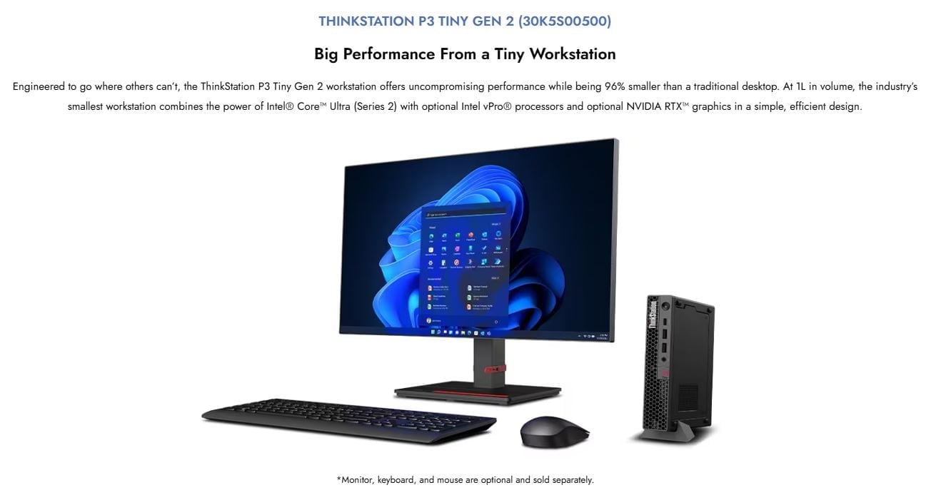 Lenovo | LENOVO ThinkStation P3 Tiny Intel U7-265 16GB DDR5 1TB SSD WIN 11 PRO NVIDIA RTX A1000-8G Q870 3yr Onsite 300W PSU AI Workstation Desktop | 30K5S00500 - Image 1