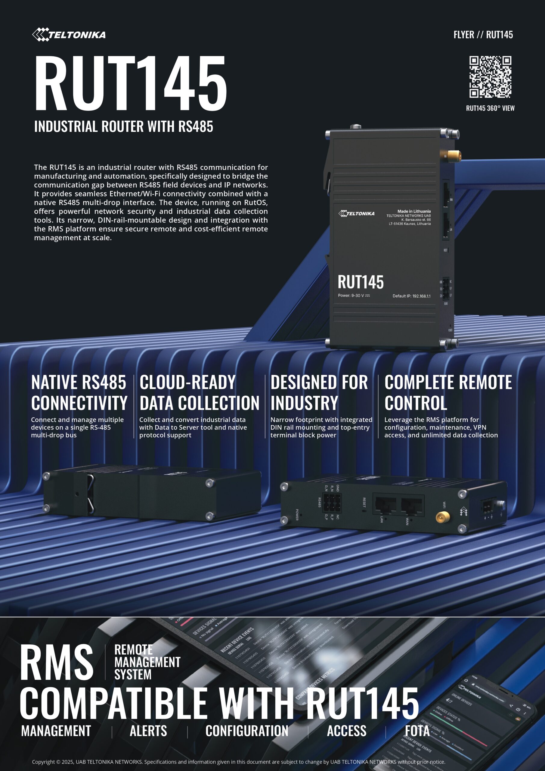 Teltonika | Teltonika RUT145 Industrial RS485 Router, Wi-Fi  Ethernet Connectivity, Industrial Data Collection-Ready with RMS Support, PSU Excluded | RUT145000000 - Image 1