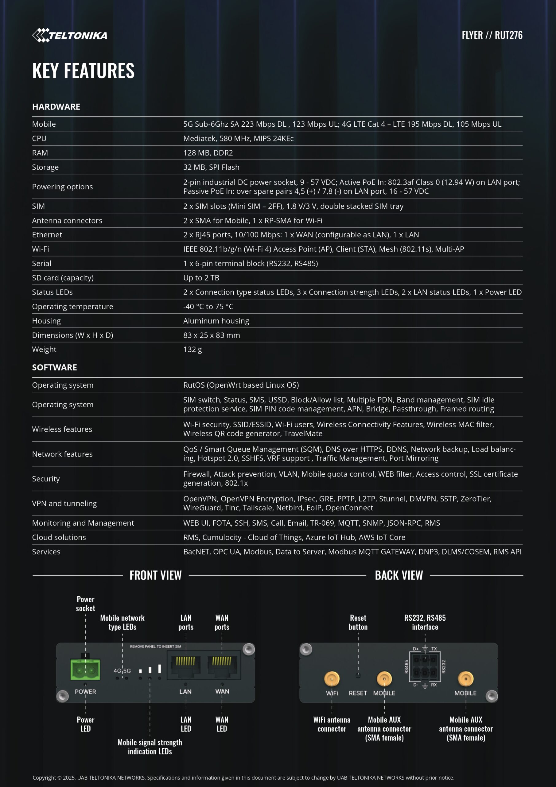Teltonika | Teltonika RUT276 Compact Redcap 5G Router, Built-in RS232/RS485,2 x SIM Slots, 2 x RJ45 ports, 10/100 Mbps, PSU Excluded | RUT276000000 - Image 2