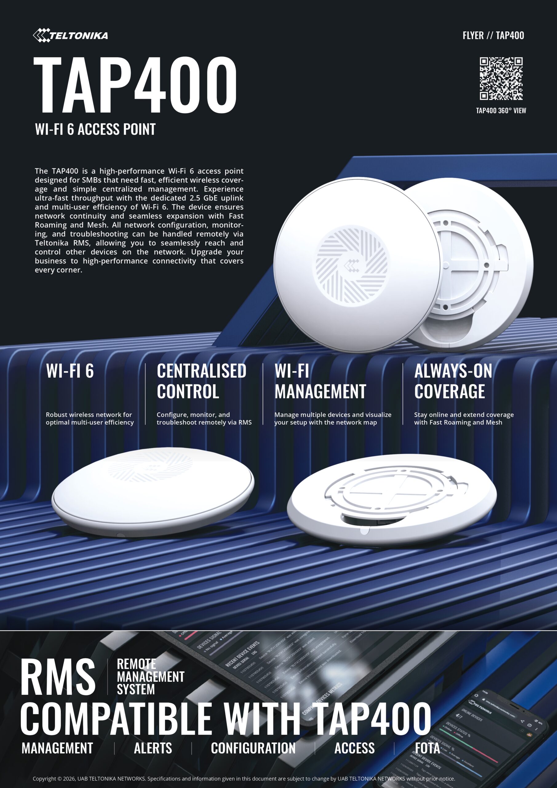 Teltonika | Teltonika TAP400 – Wi-Fi 6 Access Point, 2.5 GbE uplink, Configure, monitor, and troubleshoot remotely via RMS, Fast Roaming and Mesh - PSU excluded | TAP400000000 - Image 1