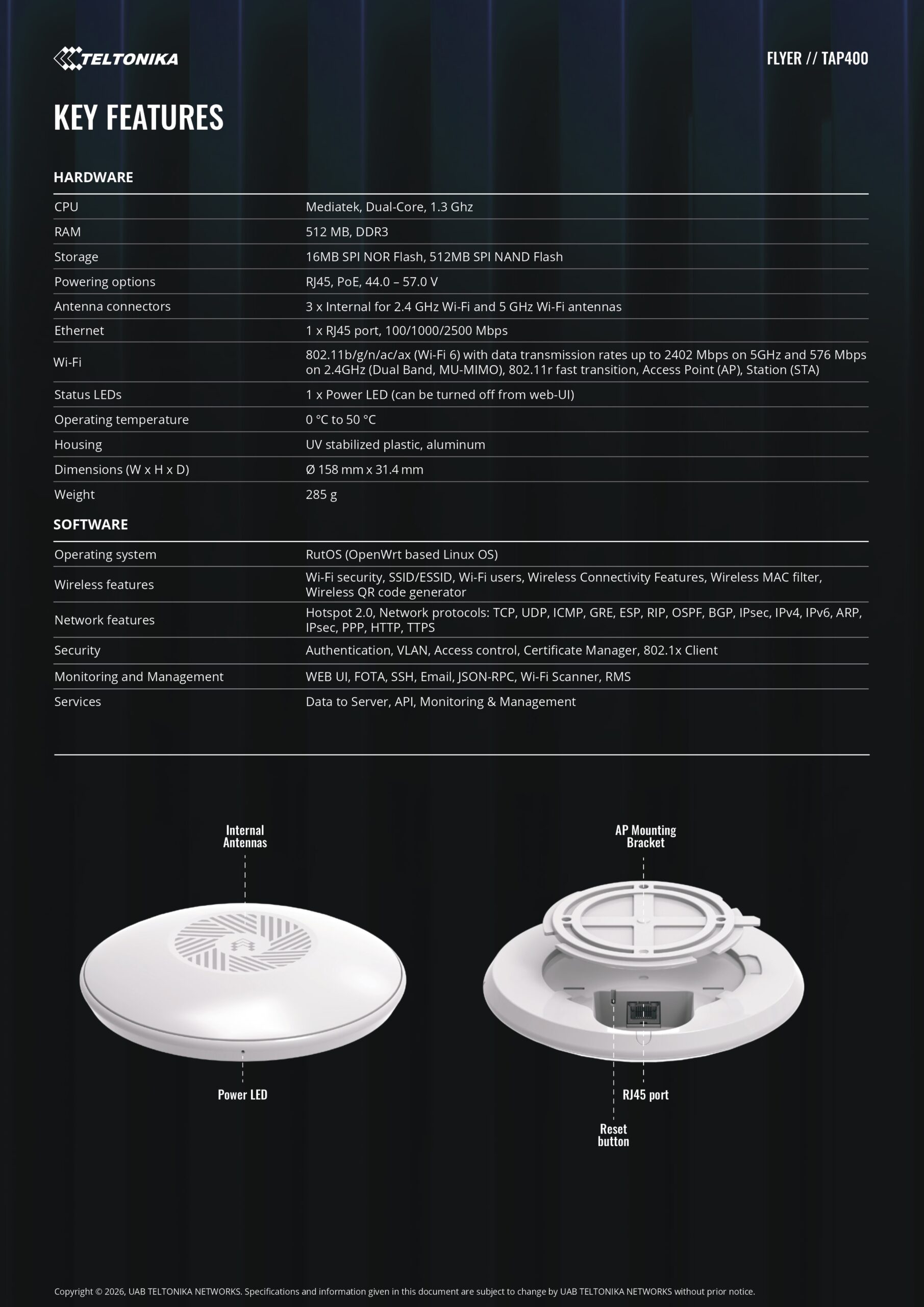 Teltonika | Teltonika TAP400 – Wi-Fi 6 Access Point, 2.5 GbE uplink, Configure, monitor, and troubleshoot remotely via RMS, Fast Roaming and Mesh - PSU excluded | TAP400000000 - Image 2