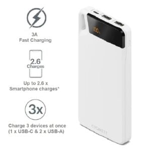 Cygnett-CY4748PBCHE-Cygnett ChargeUp Boost 4th Gen 10K mAh Power Bank-White(CY4748PBCHE)Triple Port(Dual USB-A 15W+1xUSB-C 15W)