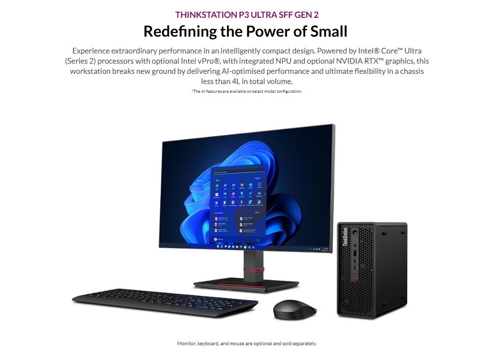 Lenovo | LENOVO ThinkStation P3 G2 SFF Intel U7-265 32GB DDR5 1TB SSD WIN 11 PRO RTX A1000 GPU GbE LAN 3yr Premier 330W PSU AI Workstation Desktop | 30J50056AU - Image 1