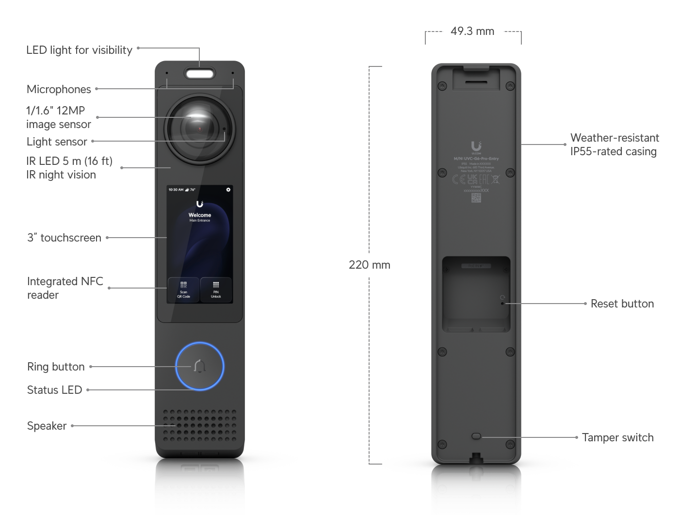 Ubiquiti | Ubiquiti G6 Pro Entry, An Intelligent Door Entry System, UniFi Protect, UniFi Access Integration, 12MP Cam, Two-Way Audio, 3