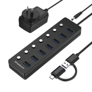 Simplecom-CH375C-Simplecom CH375C USB-A and USB-C to 7-Port USB 3.0 Hub 5Gbps Individual Switches and Power Adapter