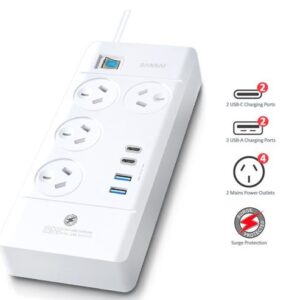 Astrotek-PAD-4144C-Sansai 4 Way Powerboard 4 Outlet 2×USB-A 2×USB-C Charging Ports Ports 10A 240V Individually Switched 2 extra spaced sockets 1M Length